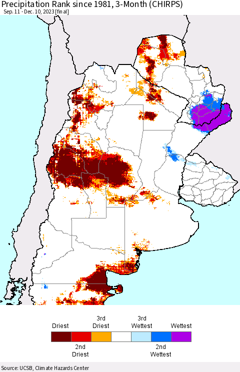 Southern South America Precipitation Rank since 1981, 3-Month (CHIRPS) Thematic Map For 9/11/2023 - 12/10/2023
