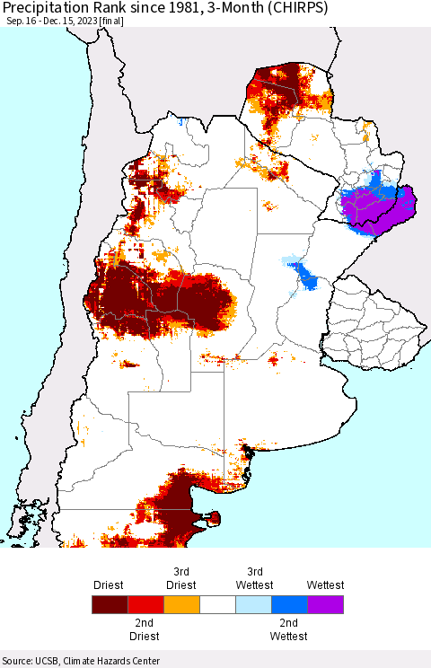Southern South America Precipitation Rank since 1981, 3-Month (CHIRPS) Thematic Map For 9/16/2023 - 12/15/2023