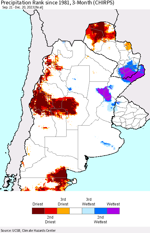 Southern South America Precipitation Rank since 1981, 3-Month (CHIRPS) Thematic Map For 9/21/2023 - 12/20/2023