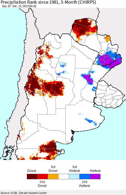 Southern South America Precipitation Rank since 1981, 3-Month (CHIRPS) Thematic Map For 9/26/2023 - 12/25/2023