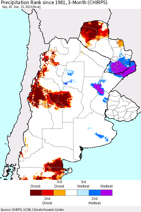 Southern South America Precipitation Rank since 1981, 3-Month (CHIRPS) Thematic Map For 9/26/2023 - 12/25/2023