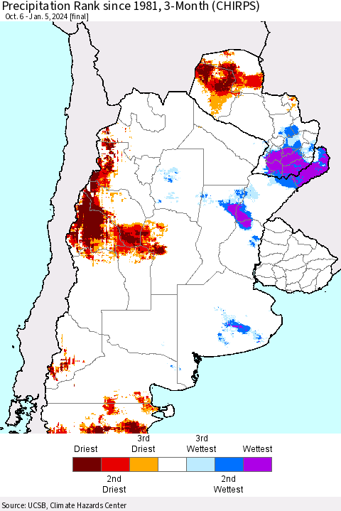 Southern South America Precipitation Rank since 1981, 3-Month (CHIRPS) Thematic Map For 10/6/2023 - 1/5/2024