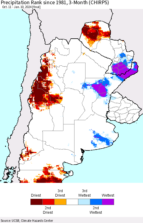 Southern South America Precipitation Rank since 1981, 3-Month (CHIRPS) Thematic Map For 10/11/2023 - 1/10/2024