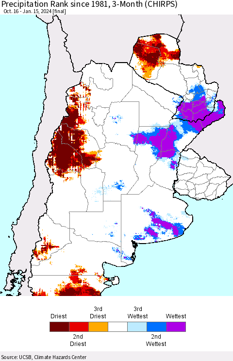 Southern South America Precipitation Rank since 1981, 3-Month (CHIRPS) Thematic Map For 10/16/2023 - 1/15/2024