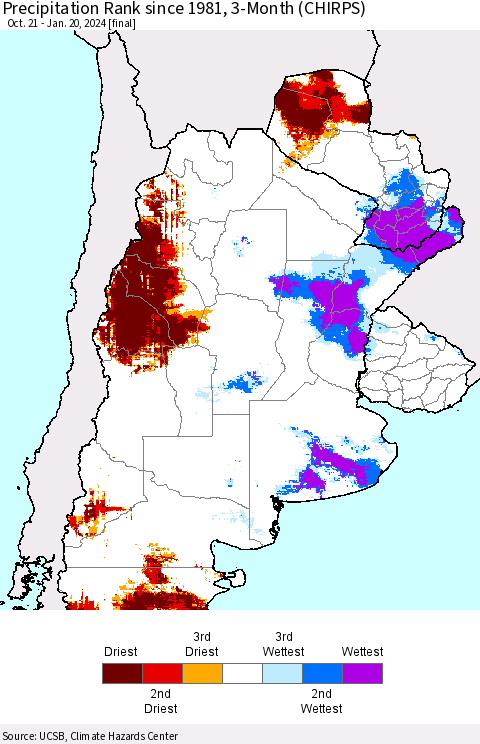 Southern South America Precipitation Rank since 1981, 3-Month (CHIRPS) Thematic Map For 10/21/2023 - 1/20/2024