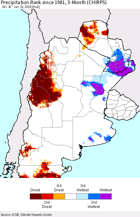 Southern South America Precipitation Rank since 1981, 3-Month (CHIRPS) Thematic Map For 10/26/2023 - 1/25/2024