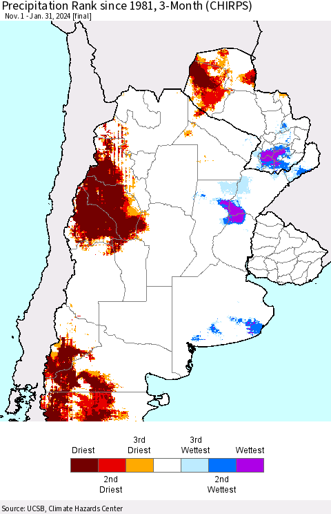 Southern South America Precipitation Rank since 1981, 3-Month (CHIRPS) Thematic Map For 11/1/2023 - 1/31/2024