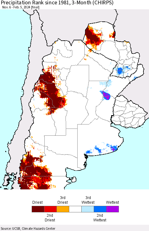 Southern South America Precipitation Rank since 1981, 3-Month (CHIRPS) Thematic Map For 11/6/2023 - 2/5/2024