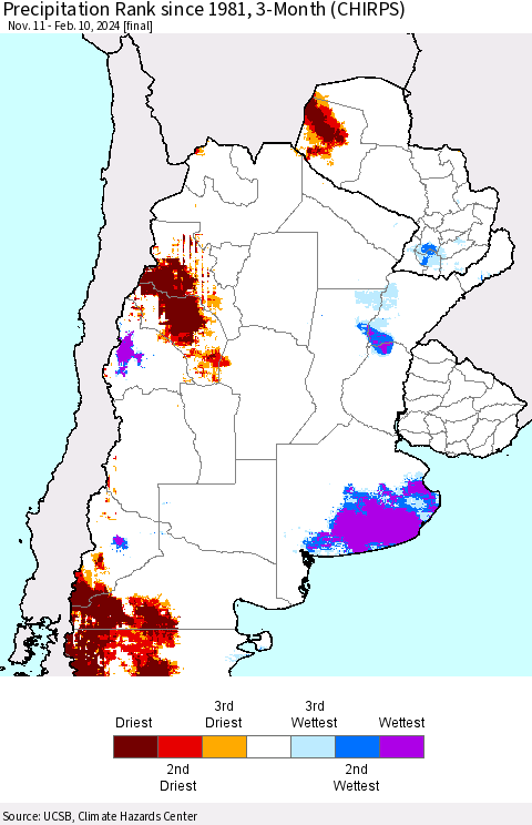 Southern South America Precipitation Rank since 1981, 3-Month (CHIRPS) Thematic Map For 11/11/2023 - 2/10/2024
