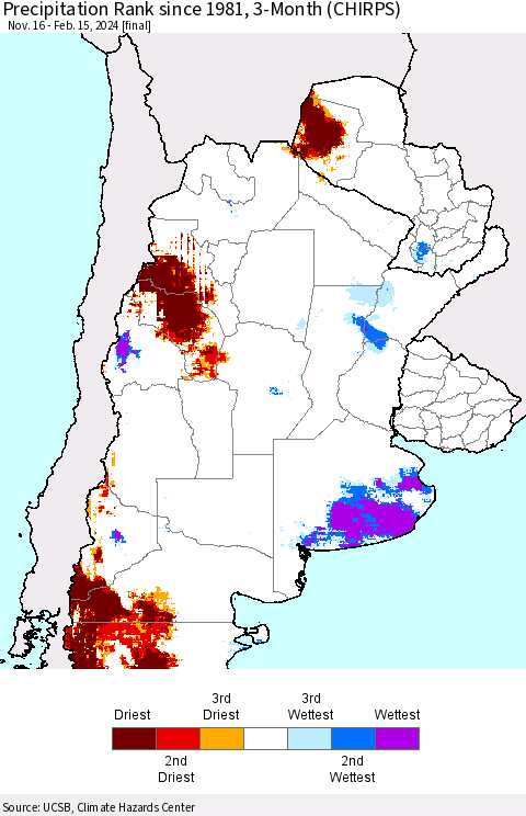 Southern South America Precipitation Rank since 1981, 3-Month (CHIRPS) Thematic Map For 11/16/2023 - 2/15/2024