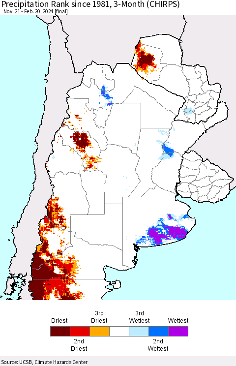 Southern South America Precipitation Rank since 1981, 3-Month (CHIRPS) Thematic Map For 11/21/2023 - 2/20/2024