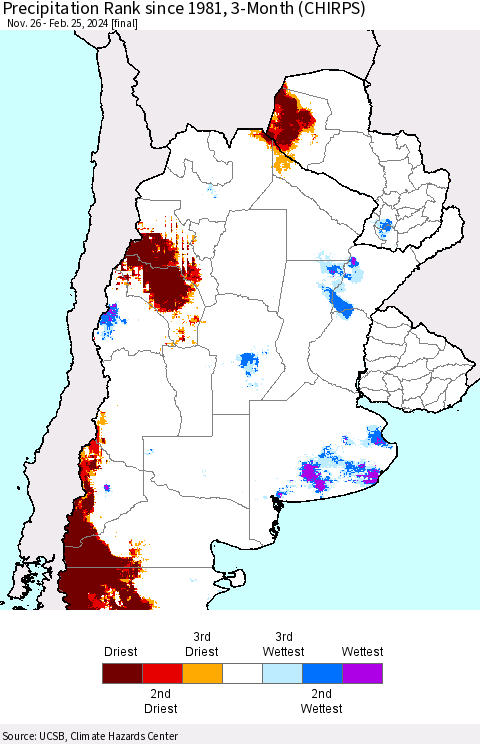 Southern South America Precipitation Rank since 1981, 3-Month (CHIRPS) Thematic Map For 11/26/2023 - 2/25/2024