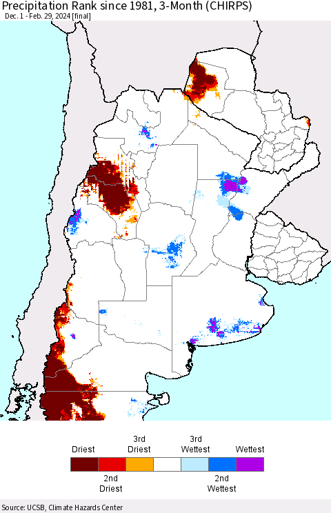 Southern South America Precipitation Rank since 1981, 3-Month (CHIRPS) Thematic Map For 12/1/2023 - 2/29/2024