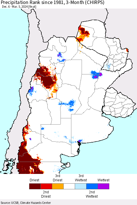Southern South America Precipitation Rank since 1981, 3-Month (CHIRPS) Thematic Map For 12/6/2023 - 3/5/2024