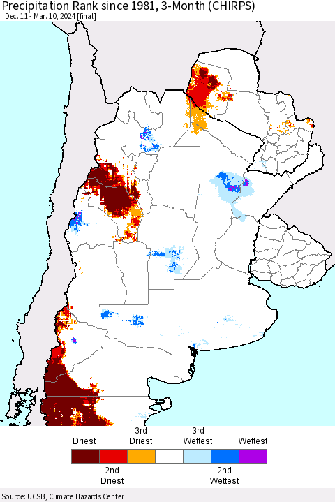 Southern South America Precipitation Rank since 1981, 3-Month (CHIRPS) Thematic Map For 12/11/2023 - 3/10/2024