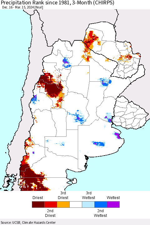 Southern South America Precipitation Rank since 1981, 3-Month (CHIRPS) Thematic Map For 12/16/2023 - 3/15/2024