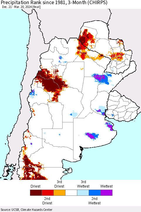 Southern South America Precipitation Rank since 1981, 3-Month (CHIRPS) Thematic Map For 12/21/2023 - 3/20/2024