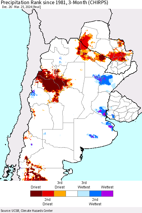 Southern South America Precipitation Rank since 1981, 3-Month (CHIRPS) Thematic Map For 12/26/2023 - 3/25/2024