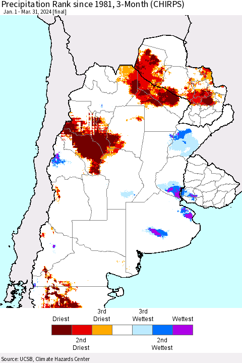 Southern South America Precipitation Rank since 1981, 3-Month (CHIRPS) Thematic Map For 1/1/2024 - 3/31/2024