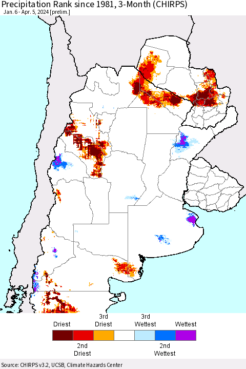 Southern South America Precipitation Rank since 1981, 3-Month (CHIRPS) Thematic Map For 1/6/2024 - 4/5/2024