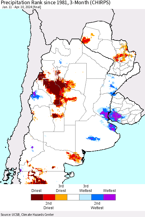 Southern South America Precipitation Rank since 1981, 3-Month (CHIRPS) Thematic Map For 1/11/2024 - 4/10/2024