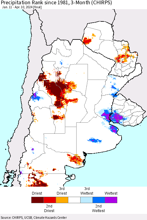 Southern South America Precipitation Rank since 1981, 3-Month (CHIRPS) Thematic Map For 1/11/2024 - 4/10/2024