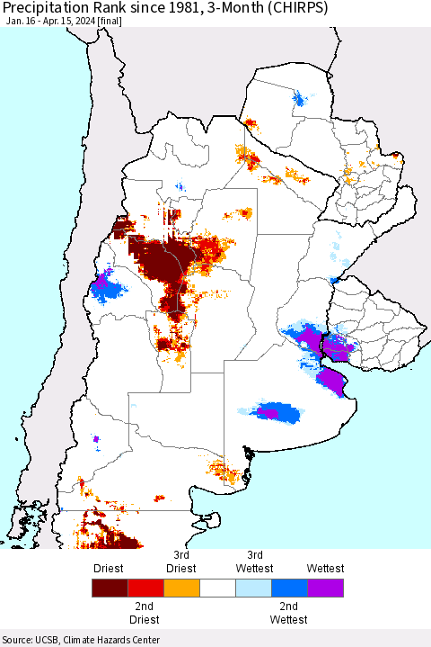 Southern South America Precipitation Rank since 1981, 3-Month (CHIRPS) Thematic Map For 1/16/2024 - 4/15/2024