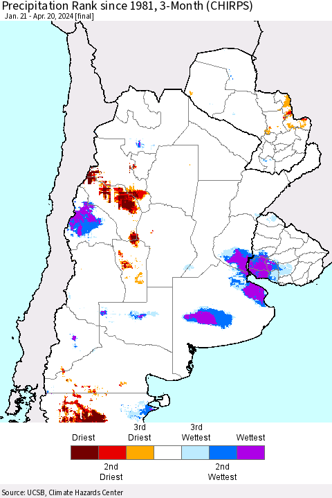 Southern South America Precipitation Rank since 1981, 3-Month (CHIRPS) Thematic Map For 1/21/2024 - 4/20/2024