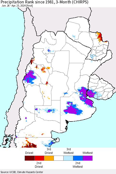 Southern South America Precipitation Rank since 1981, 3-Month (CHIRPS) Thematic Map For 1/26/2024 - 4/25/2024