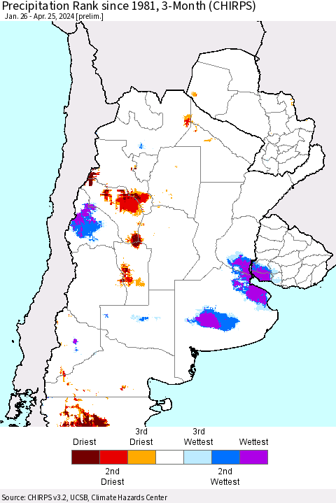 Southern South America Precipitation Rank since 1981, 3-Month (CHIRPS) Thematic Map For 1/26/2024 - 4/25/2024