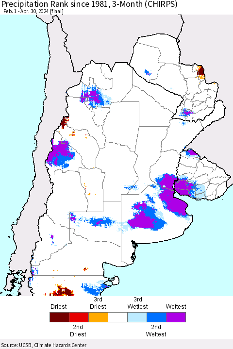 Southern South America Precipitation Rank since 1981, 3-Month (CHIRPS) Thematic Map For 2/1/2024 - 4/30/2024