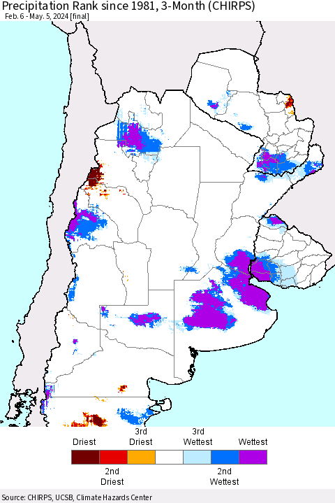 Southern South America Precipitation Rank since 1981, 3-Month (CHIRPS) Thematic Map For 2/6/2024 - 5/5/2024