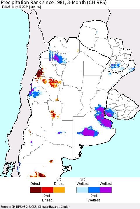 Southern South America Precipitation Rank since 1981, 3-Month (CHIRPS) Thematic Map For 2/6/2024 - 5/5/2024