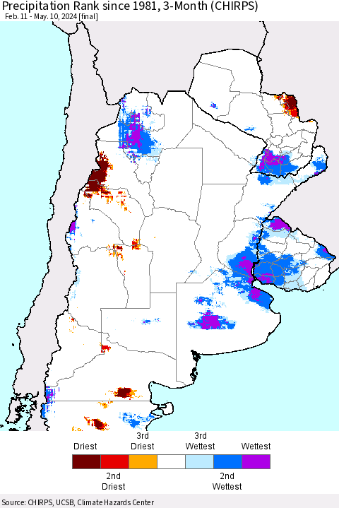 Southern South America Precipitation Rank since 1981, 3-Month (CHIRPS) Thematic Map For 2/11/2024 - 5/10/2024