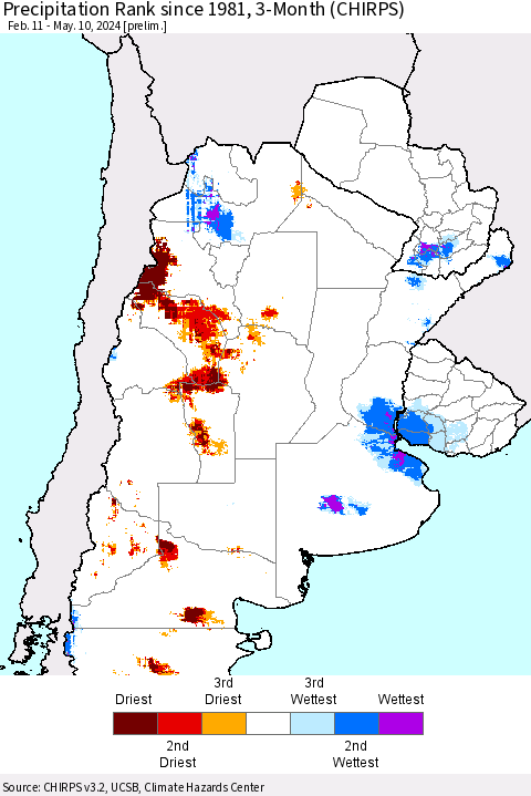 Southern South America Precipitation Rank since 1981, 3-Month (CHIRPS) Thematic Map For 2/11/2024 - 5/10/2024