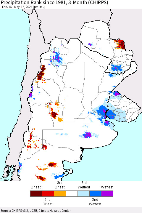 Southern South America Precipitation Rank since 1981, 3-Month (CHIRPS) Thematic Map For 2/16/2024 - 5/15/2024