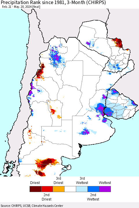 Southern South America Precipitation Rank since 1981, 3-Month (CHIRPS) Thematic Map For 2/21/2024 - 5/20/2024