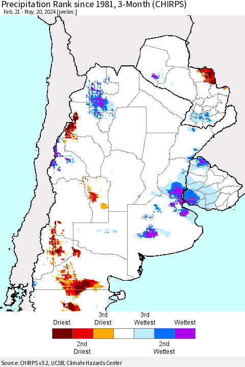 Southern South America Precipitation Rank since 1981, 3-Month (CHIRPS) Thematic Map For 2/21/2024 - 5/20/2024