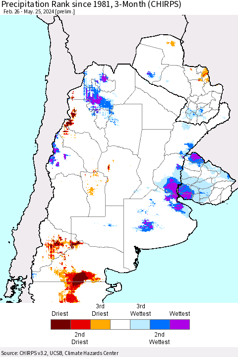 Southern South America Precipitation Rank since 1981, 3-Month (CHIRPS) Thematic Map For 2/26/2024 - 5/25/2024