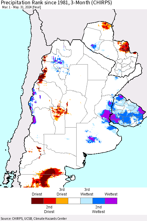 Southern South America Precipitation Rank since 1981, 3-Month (CHIRPS) Thematic Map For 3/1/2024 - 5/31/2024