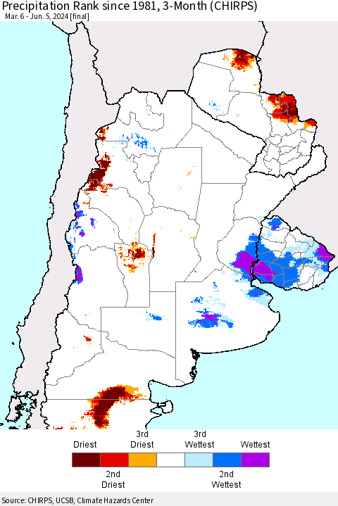 Southern South America Precipitation Rank since 1981, 3-Month (CHIRPS) Thematic Map For 3/6/2024 - 6/5/2024