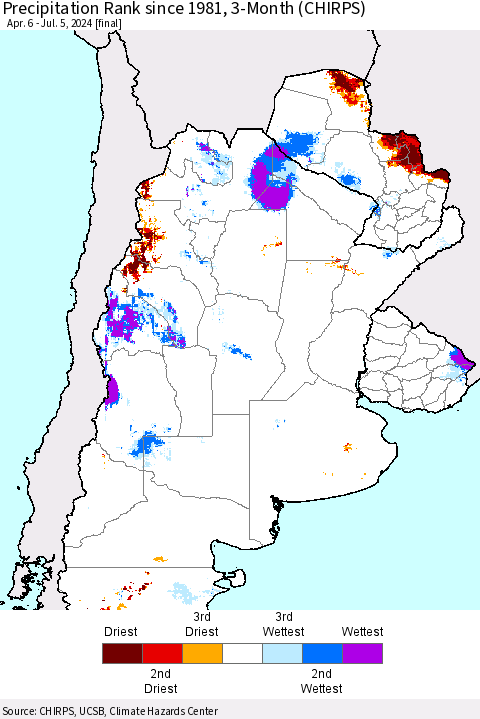 Southern South America Precipitation Rank since 1981, 3-Month (CHIRPS) Thematic Map For 4/6/2024 - 7/5/2024