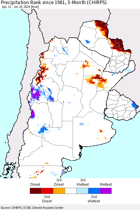 Southern South America Precipitation Rank since 1981, 3-Month (CHIRPS) Thematic Map For 4/11/2024 - 7/10/2024