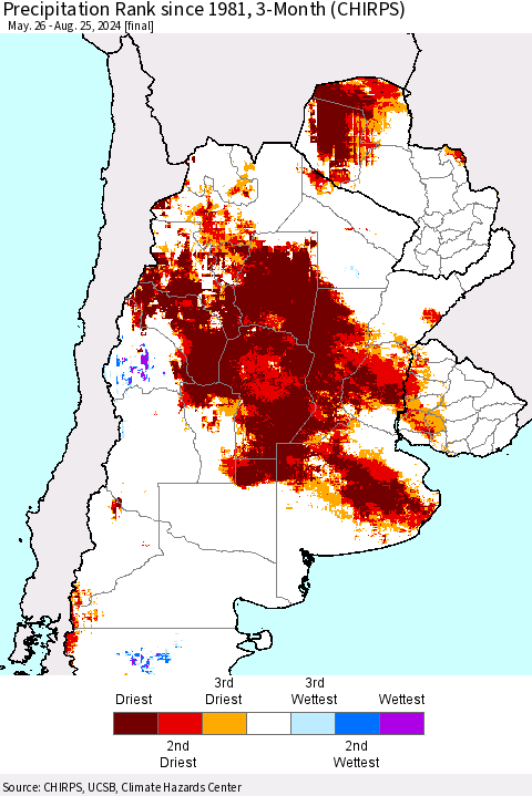 Southern South America Precipitation Rank since 1981, 3-Month (CHIRPS) Thematic Map For 5/26/2024 - 8/25/2024