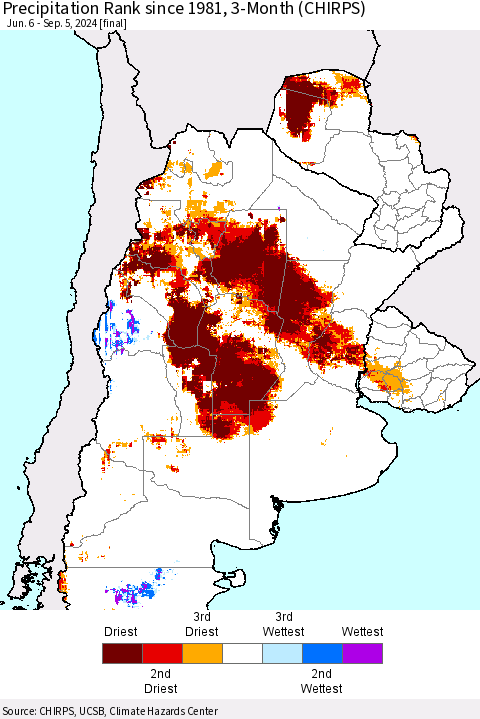 Southern South America Precipitation Rank since 1981, 3-Month (CHIRPS) Thematic Map For 6/6/2024 - 9/5/2024