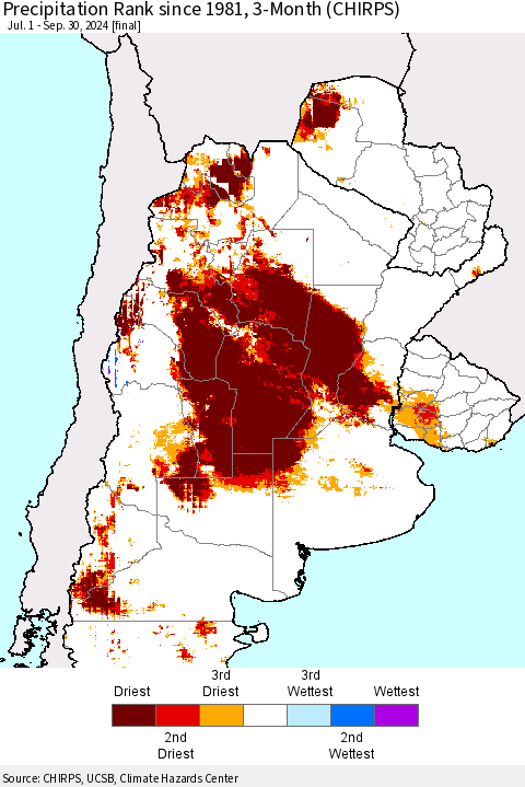 Southern South America Precipitation Rank since 1981, 3-Month (CHIRPS) Thematic Map For 7/1/2024 - 9/30/2024