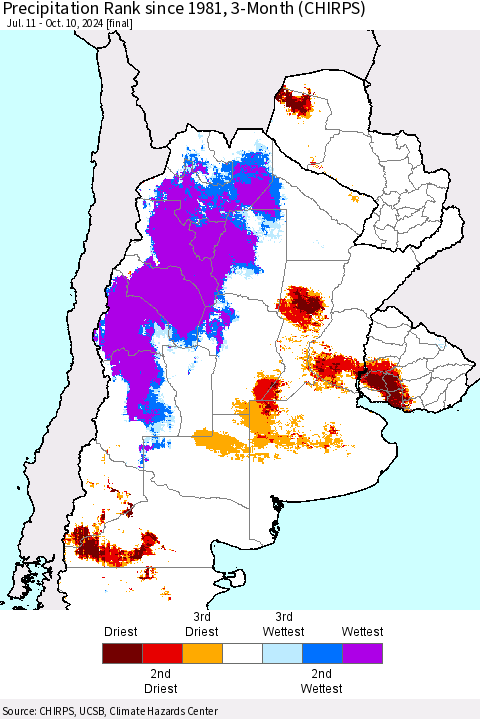 Southern South America Precipitation Rank since 1981, 3-Month (CHIRPS) Thematic Map For 7/11/2024 - 10/10/2024