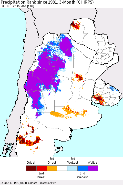 Southern South America Precipitation Rank since 1981, 3-Month (CHIRPS) Thematic Map For 7/16/2024 - 10/15/2024