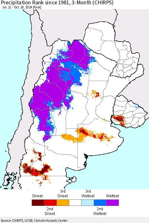 Southern South America Precipitation Rank since 1981, 3-Month (CHIRPS) Thematic Map For 7/21/2024 - 10/20/2024