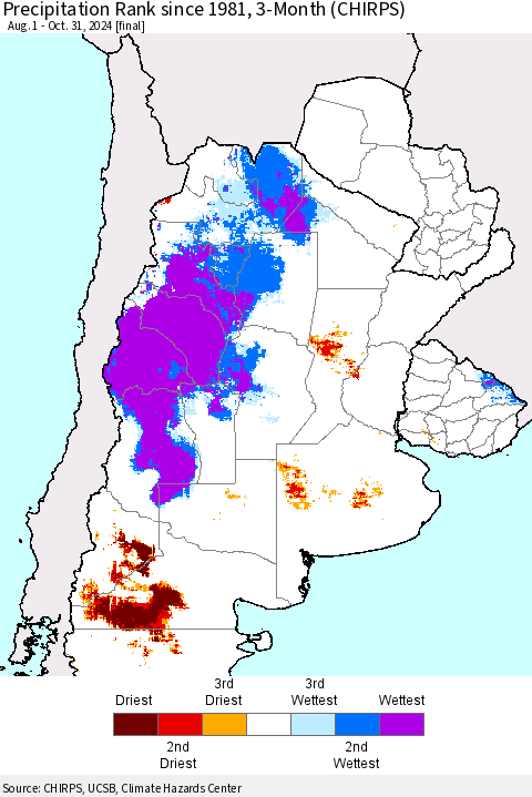 Southern South America Precipitation Rank since 1981, 3-Month (CHIRPS) Thematic Map For 8/1/2024 - 10/31/2024